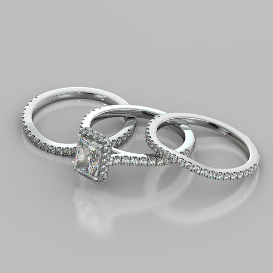 Radiant Cut Halo Trio Wedding Set With Accents