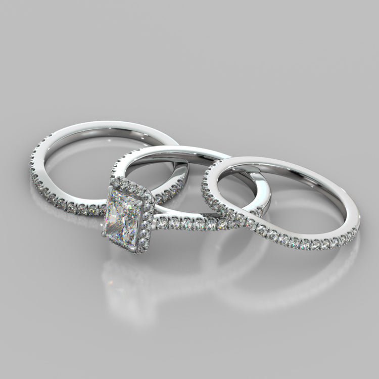 Radiant Cut Halo Trio Wedding Set With Accents