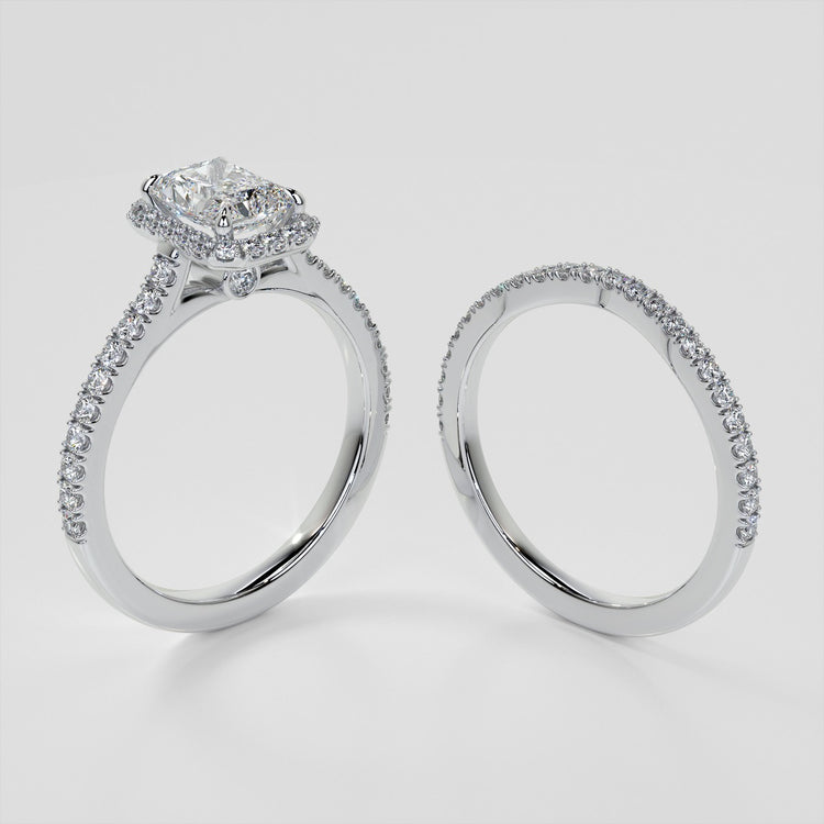 Radiant Cut Halo Trio Wedding Set With Accents