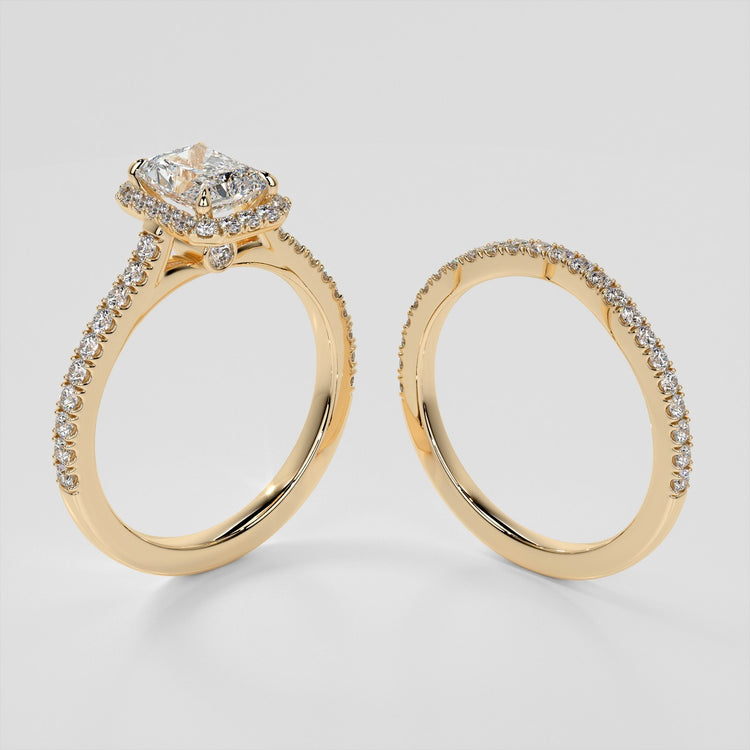 Radiant Cut Halo Trio Wedding Set With Accents