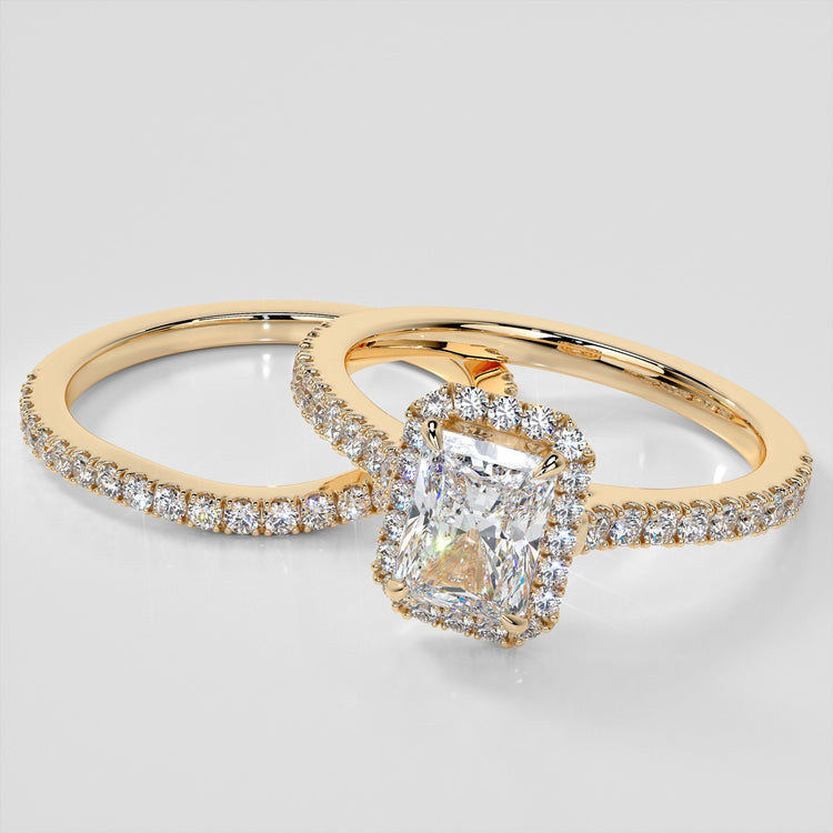 Radiant Cut Halo Trio Wedding Set With Accents