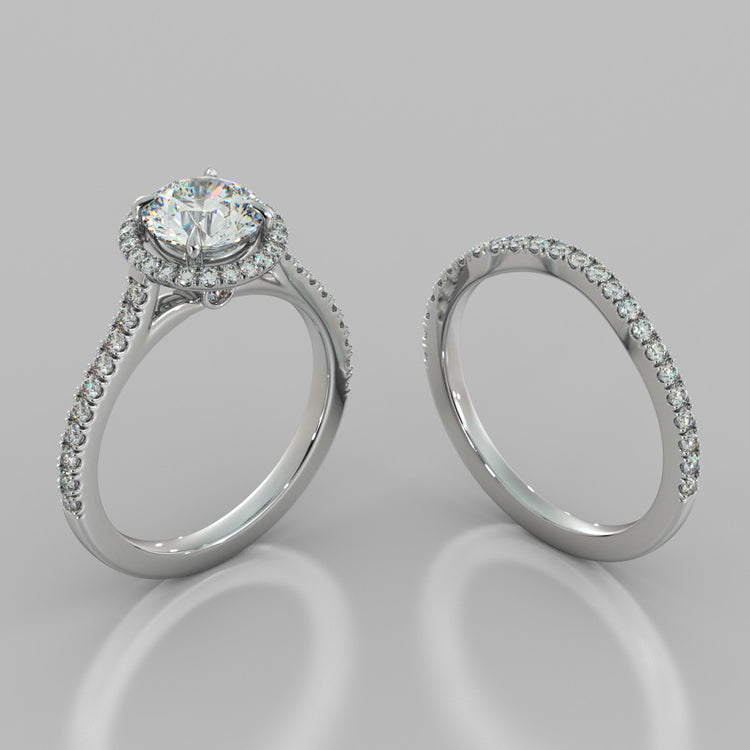 Round Cut Pavé Halo Wedding Set With Accents