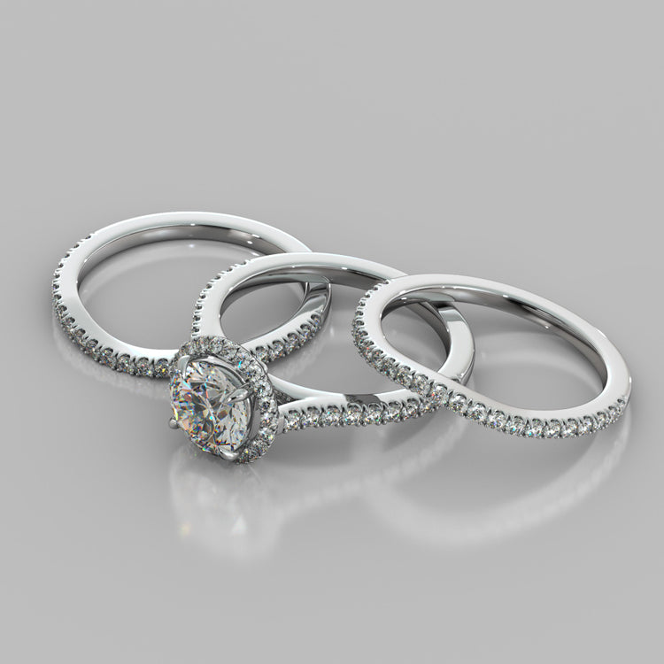 Round Cut Halo Trio Wedding Set With Accents