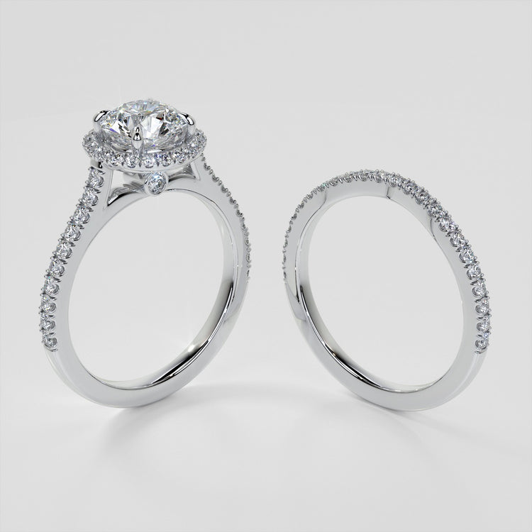 Round Cut Halo Trio Wedding Set With Accents