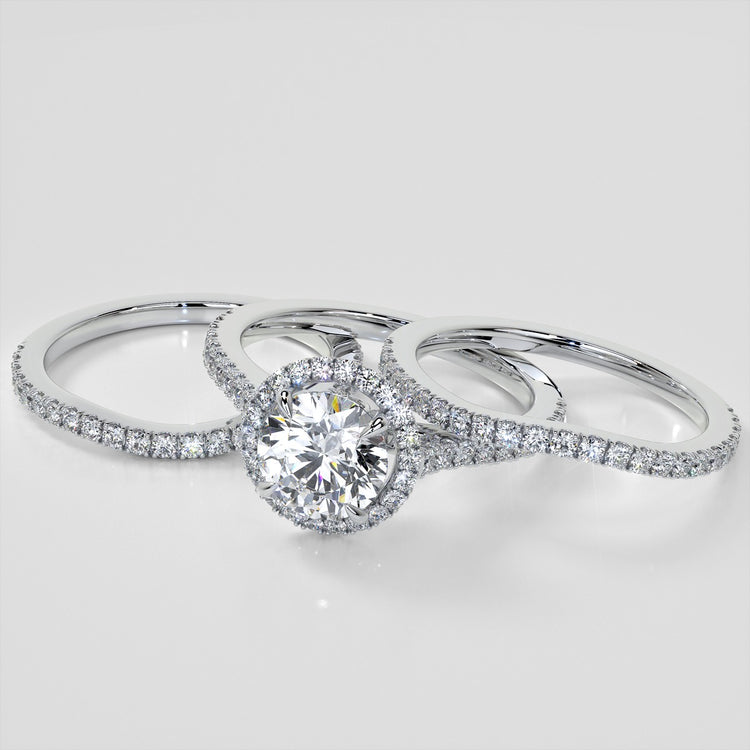 Round Cut Halo Trio Wedding Set With Accents