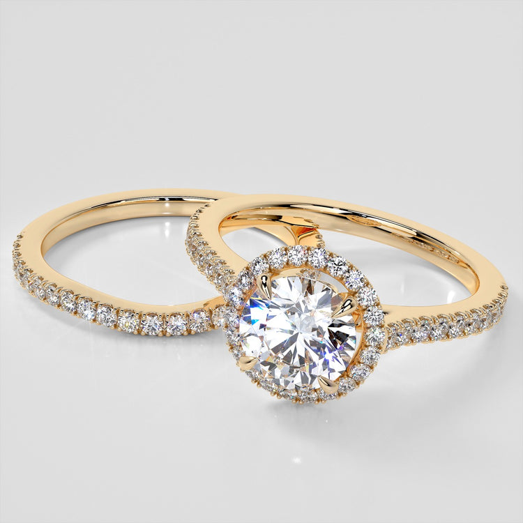 Round Cut Halo Trio Wedding Set With Accents