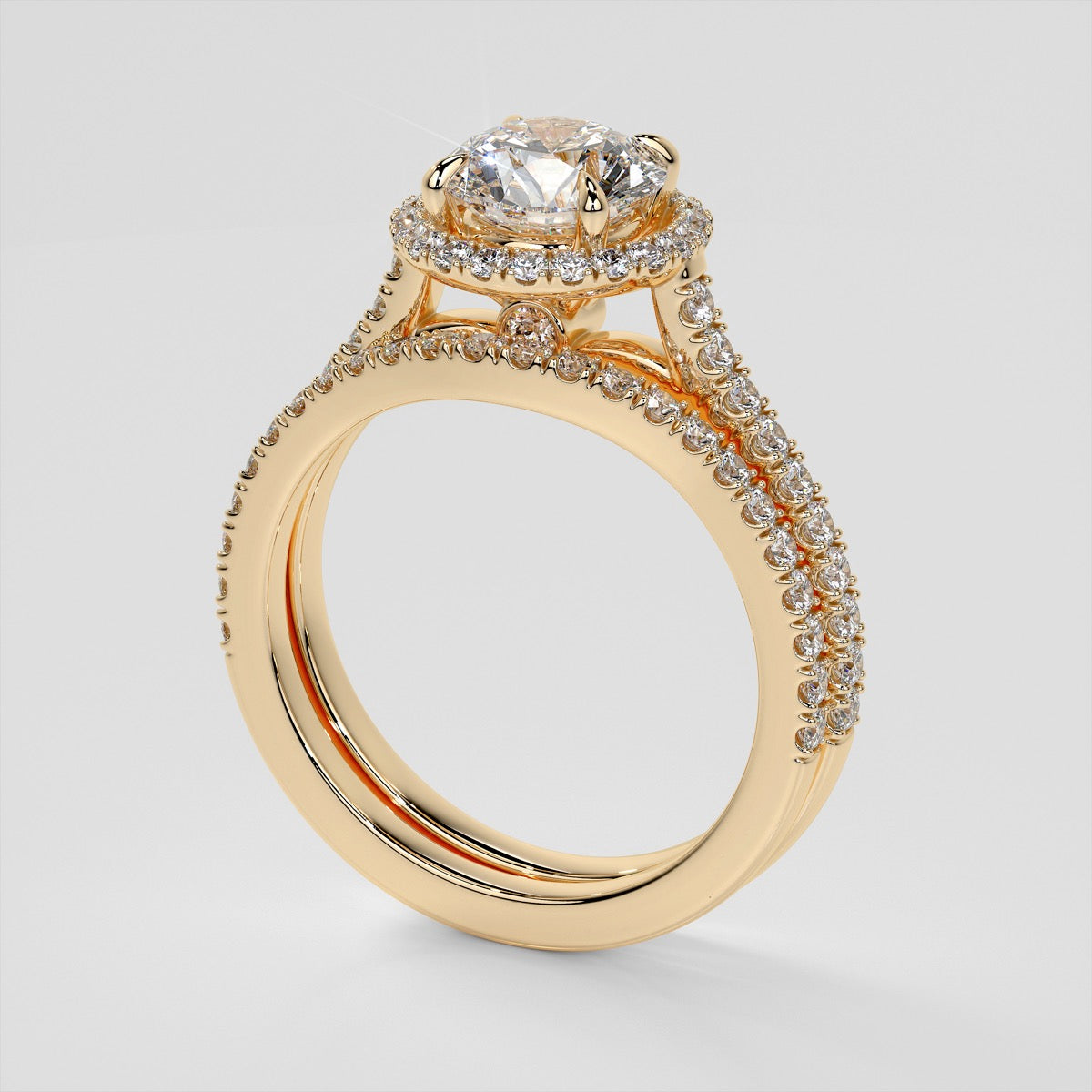 Round Cut Halo Trio Wedding Set With Accents