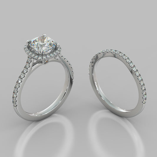 Cushion Cut Halo Style Wedding Set With Accents