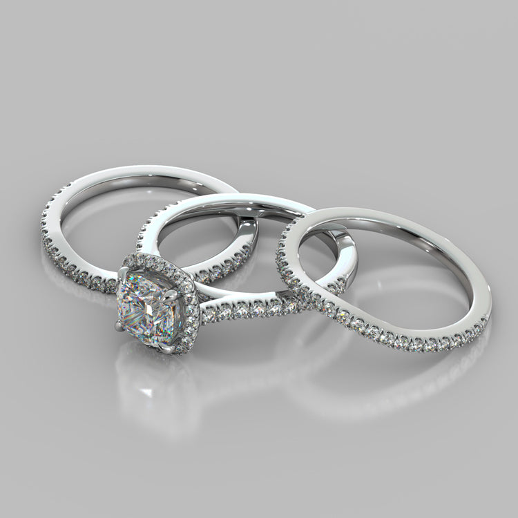 Cushion Cut Halo Style Trio Wedding Set With Accents