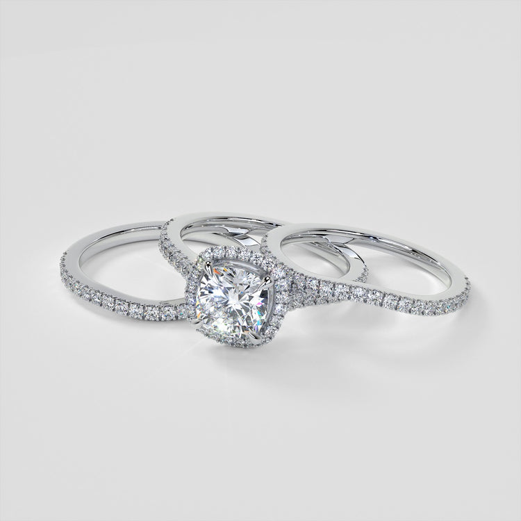 Cushion Cut Halo Style Wedding Set With Accents