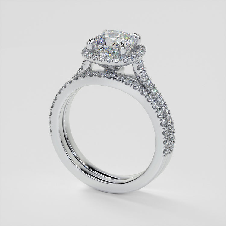 Cushion Cut Halo Style Wedding Set With Accents