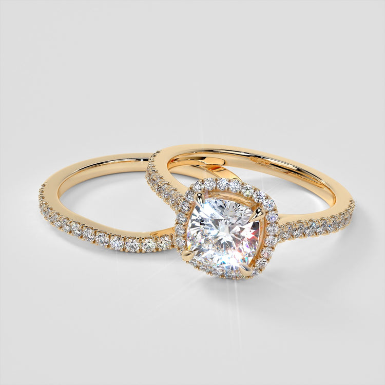 Cushion Cut Halo Style Wedding Set With Accents