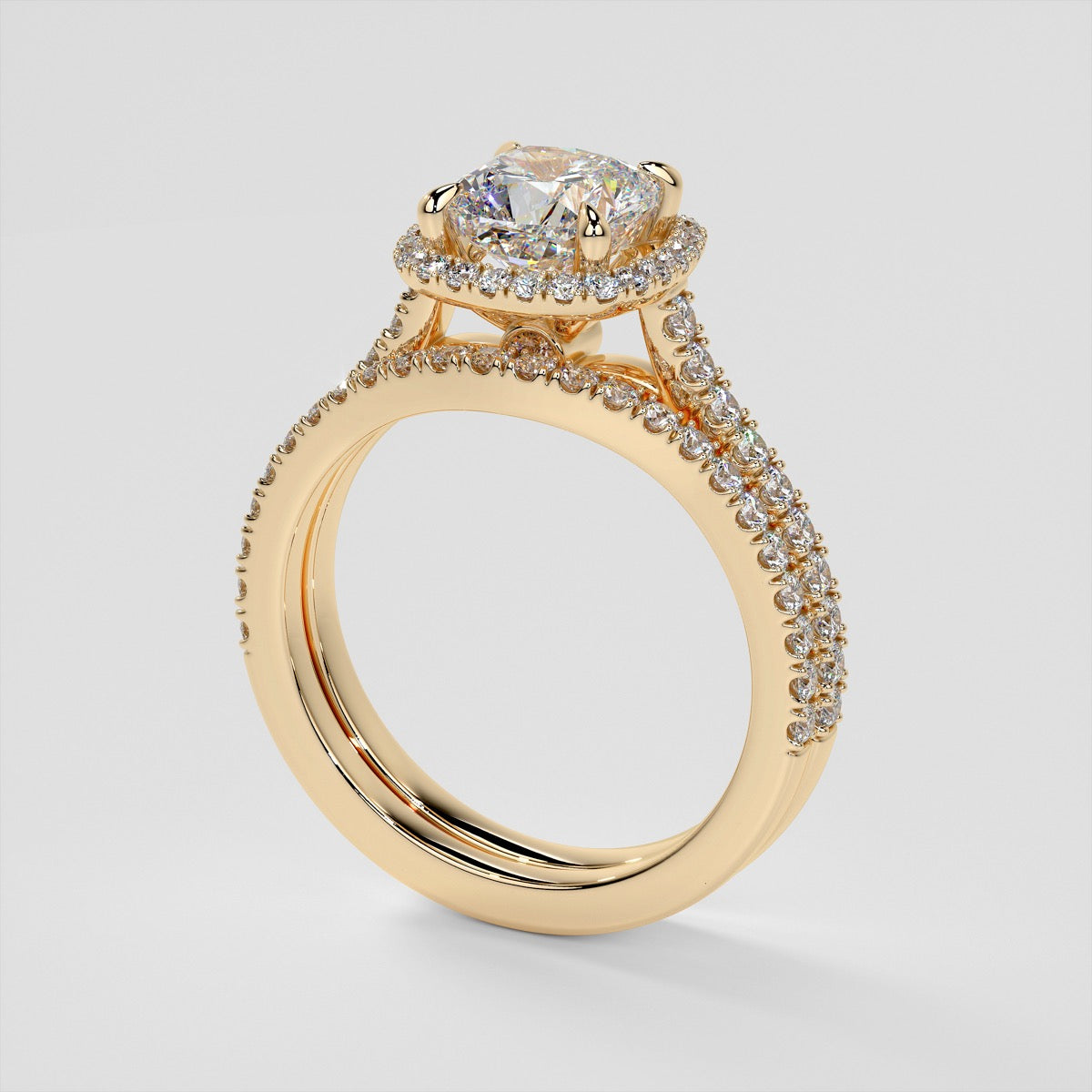 Cushion Cut Halo Style Wedding Set With Accents