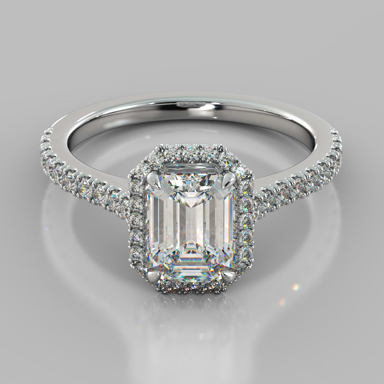 Lab Grown Diamond Emerald Cut Halo Engagement Ring With Accents