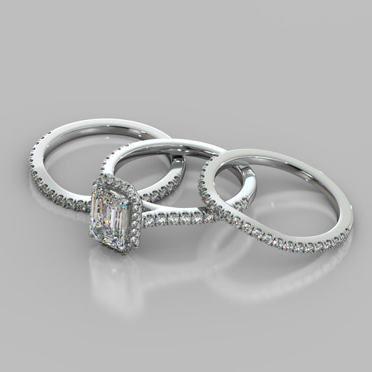 Emerald Cut Halo Style Trio Wedding Set With Accents