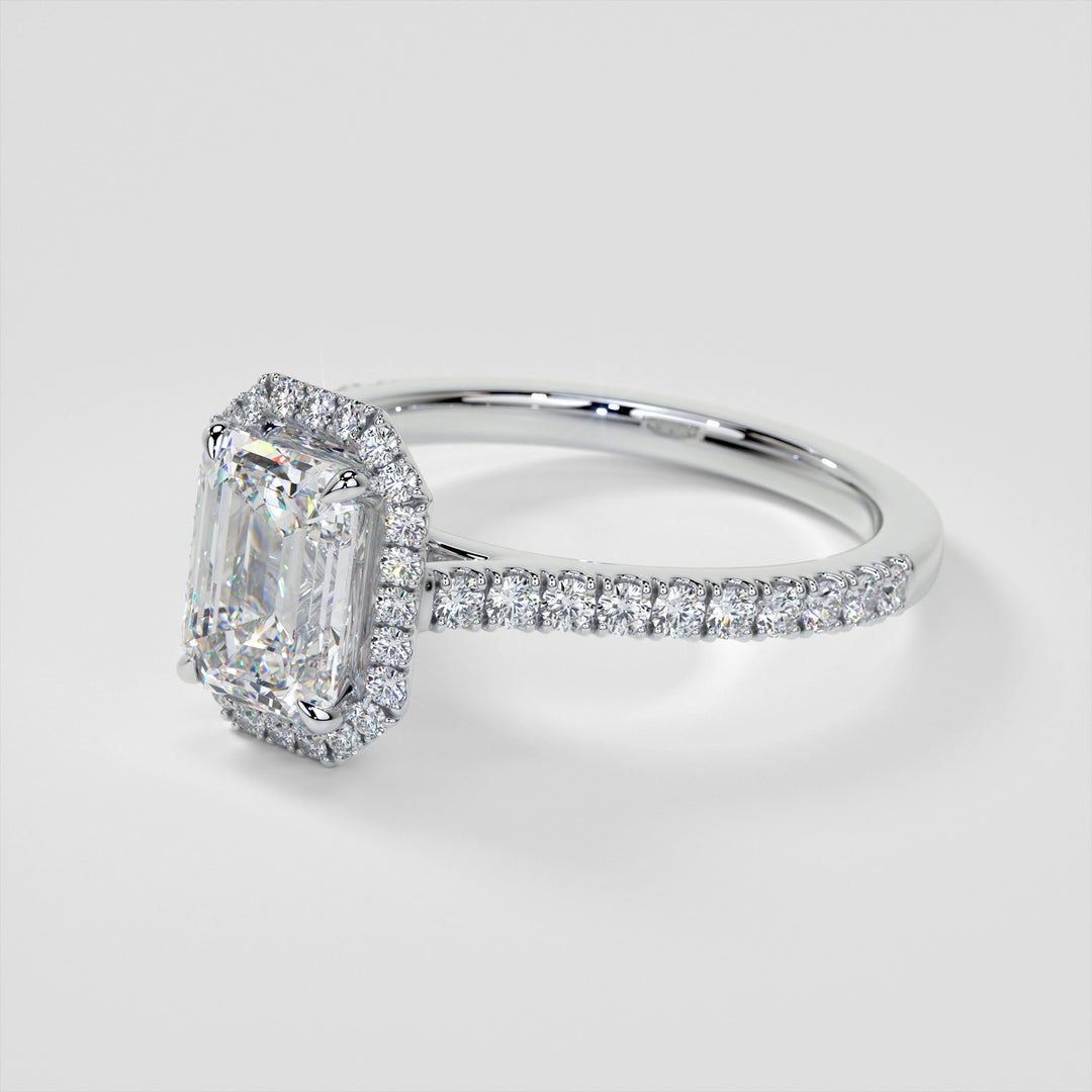 Emerald Cut Halo Style Trio Wedding Set With Accents