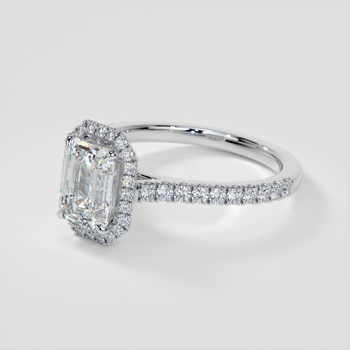 Lab Grown Diamond Emerald Cut Halo Engagement Ring With Accents