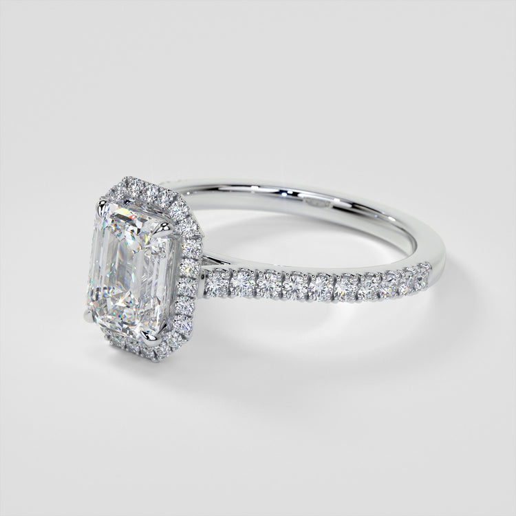 Emerald Cut Halo Style Trio Wedding Set With Accents