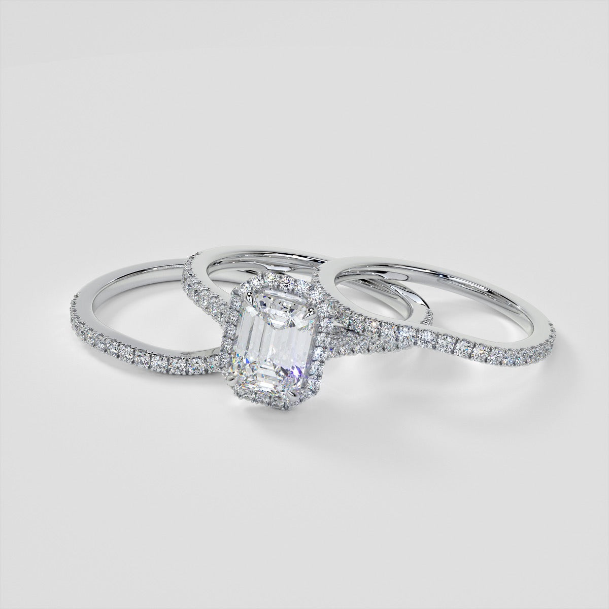 Emerald Cut Halo Style Trio Wedding Set With Accents