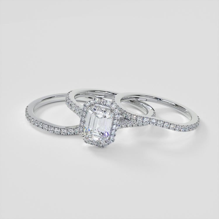 Emerald Cut Halo Wedding Set With Accents