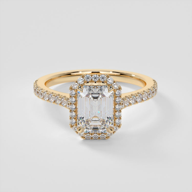 Lab Grown Diamond Emerald Cut Halo Engagement Ring With Accents