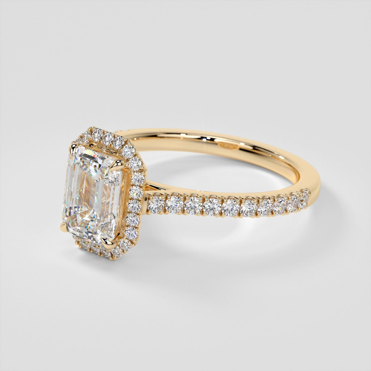 Emerald Cut Halo Style Trio Wedding Set With Accents