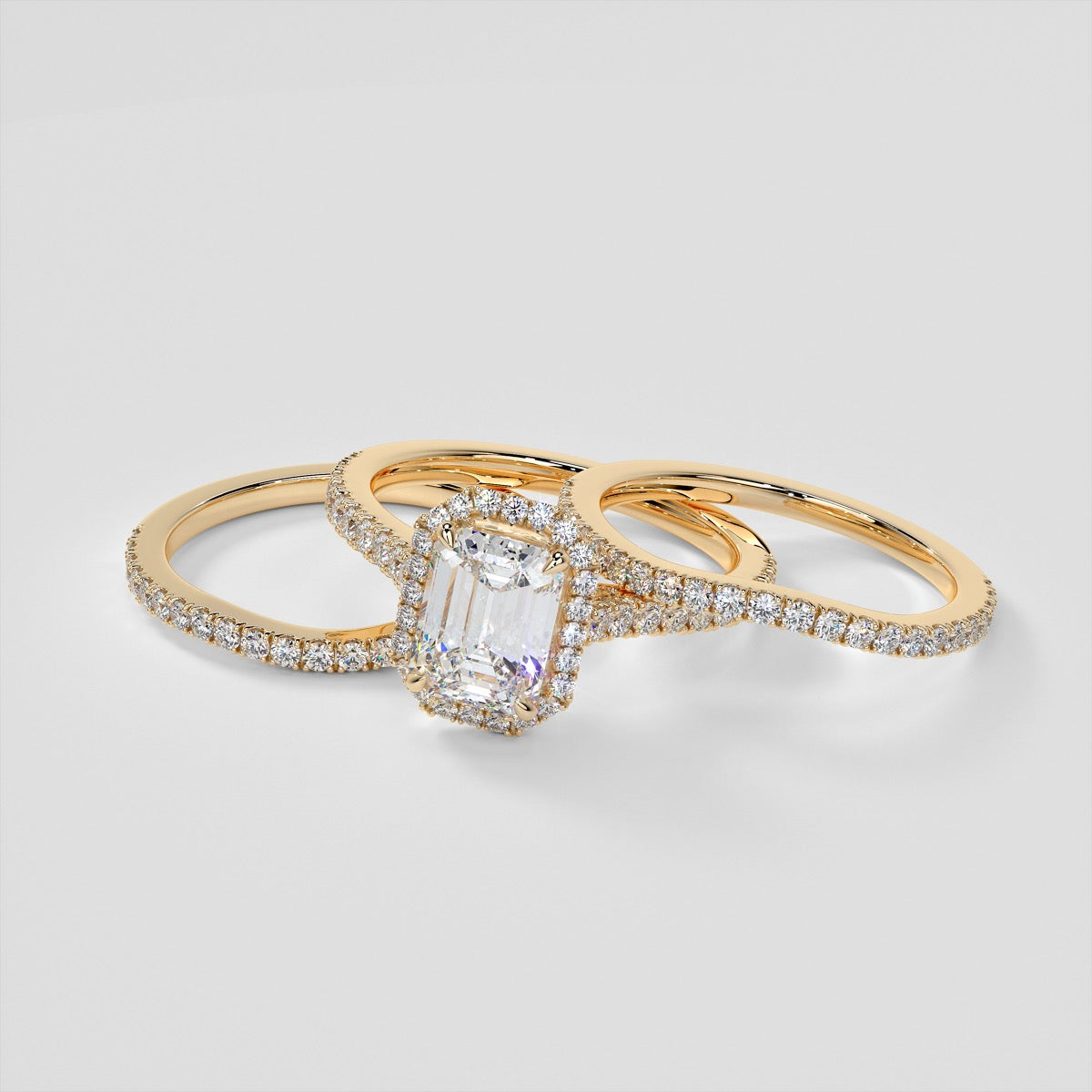Emerald Cut Halo Style Trio Wedding Set With Accents