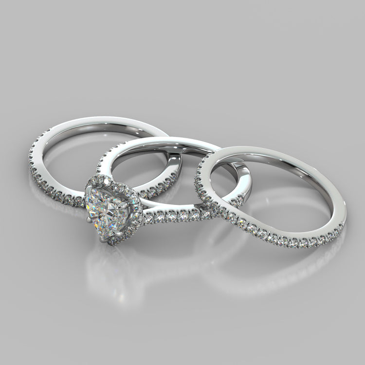 Heart Cut Halo Style Trio Wedding Set With Accents