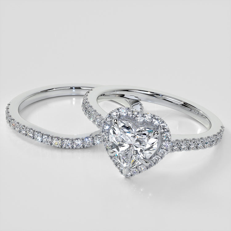 Heart Cut Pavé Style Halo Wedding Set With Accents