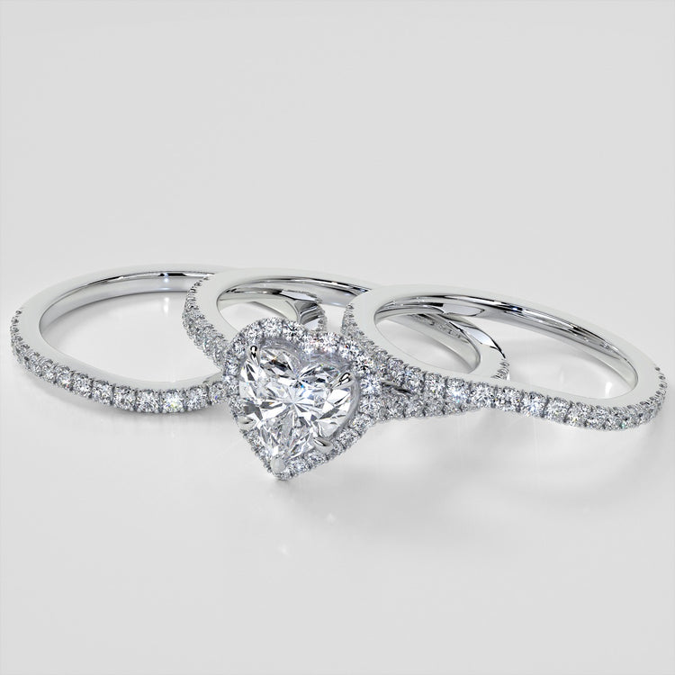 Heart Cut Pavé Style Halo Wedding Set With Accents