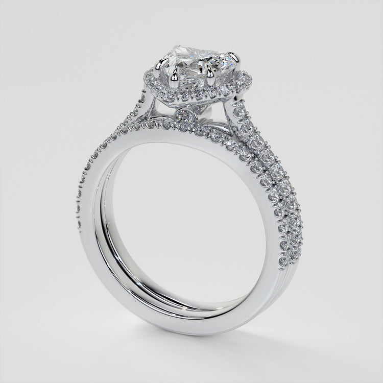 Heart Cut Pavé Style Halo Wedding Set With Accents