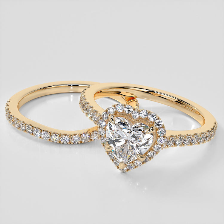 Heart Cut Pavé Style Halo Wedding Set With Accents