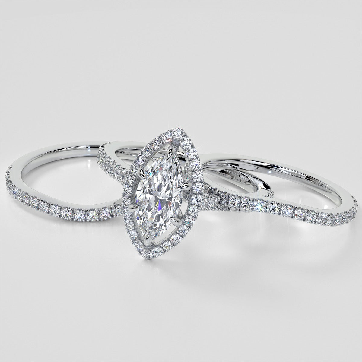 Marquise Cut Trio Wedding Set With Pavé Halo