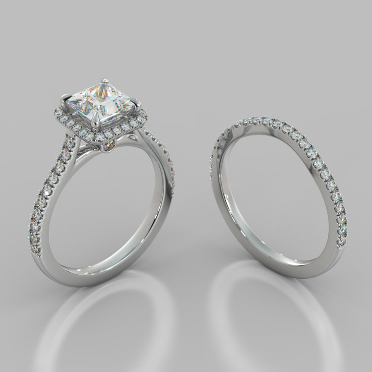 Princess Cut Halo Wedding Set With Accents