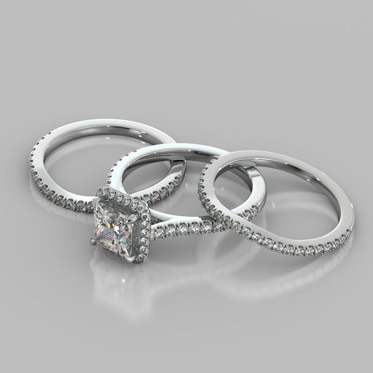 Princess Cut Halo Style Trio Wedding Set With Accents