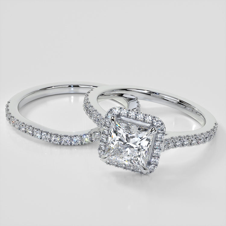 Princess Cut Halo Style Trio Wedding Set With Accents