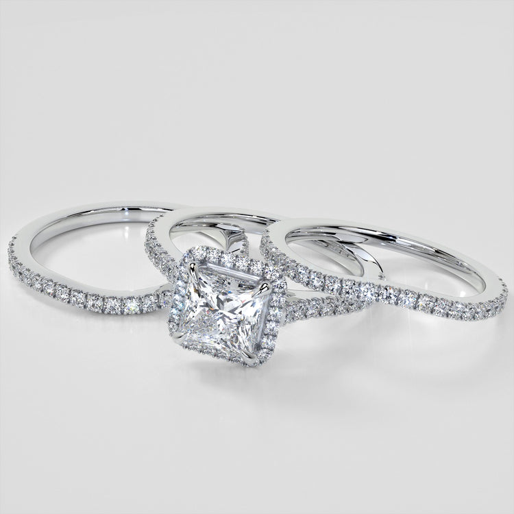 Princess Cut Halo Style Trio Wedding Set With Accents