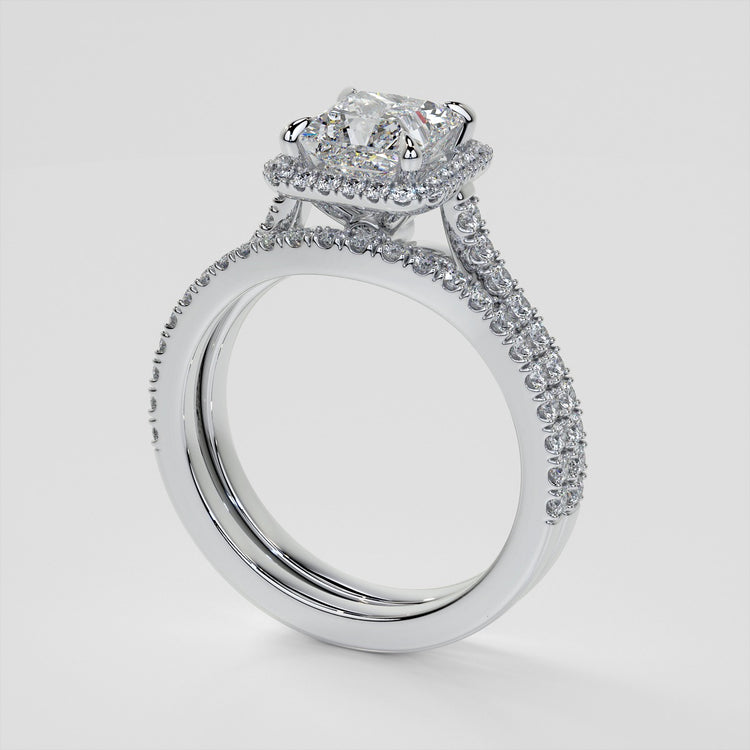 Princess Cut Halo Style Trio Wedding Set With Accents