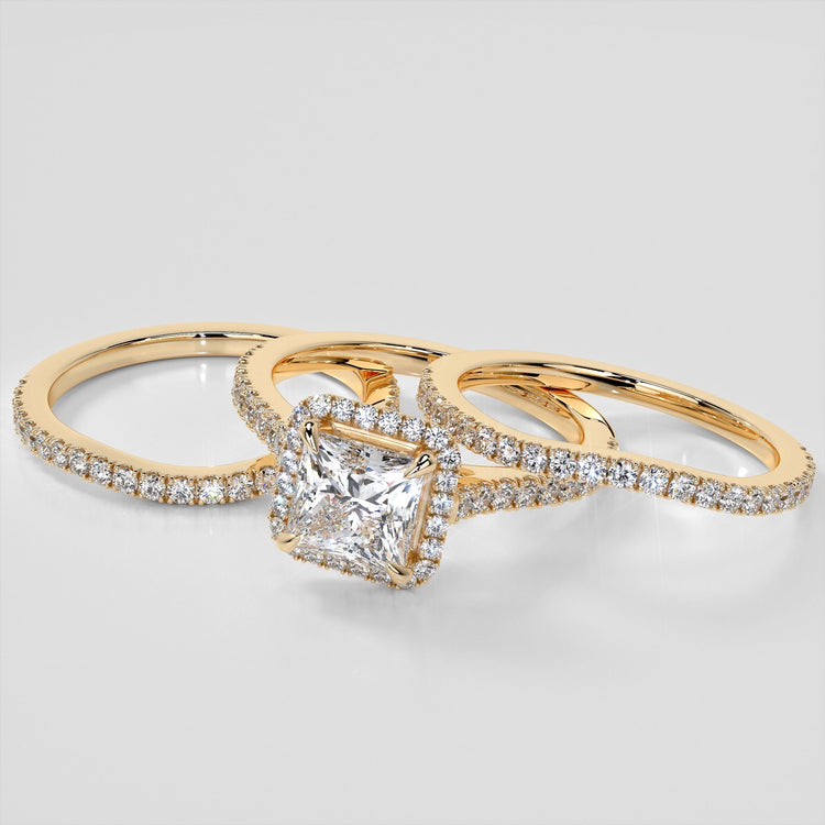 Princess Cut Halo Style Trio Wedding Set With Accents