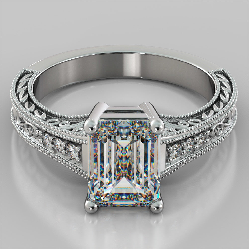 2.0Ct Emerald Cut Lab Grown Diamond Filigree Engagement Ring