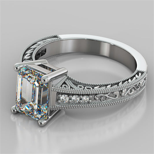 Lab Grown Diamond Emerald Cut Filigree Engagement Ring