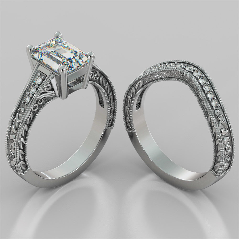 Vintage Emerald Cut Tapered Filigree Wedding Set