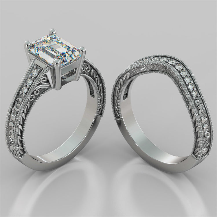 Vintage Emerald Cut Tapered Filigree Wedding Set