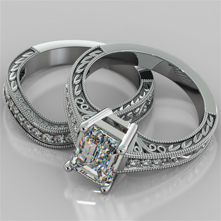 Lab Grown Diamond Emerald Cut Filigree Engagement Ring