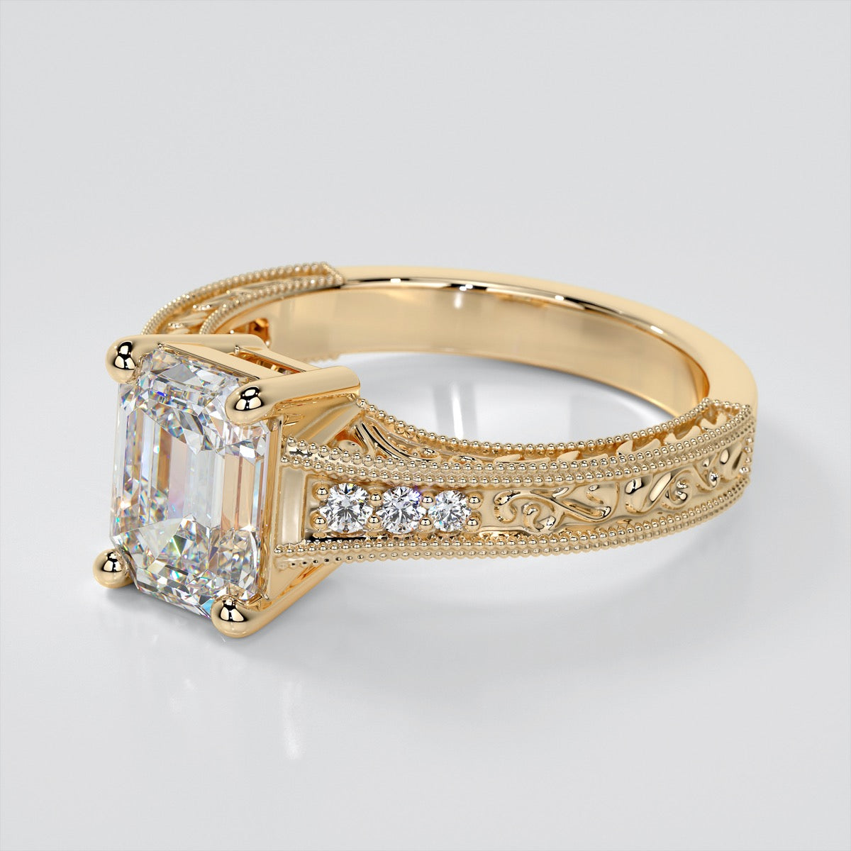 Vintage Emerald Cut Tapered Filigree Wedding Set