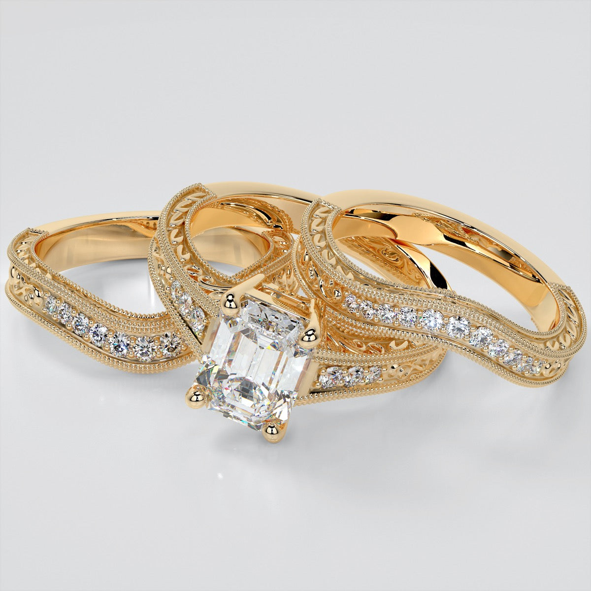 Vintage Emerald Cut Tapered Filigree Wedding Set