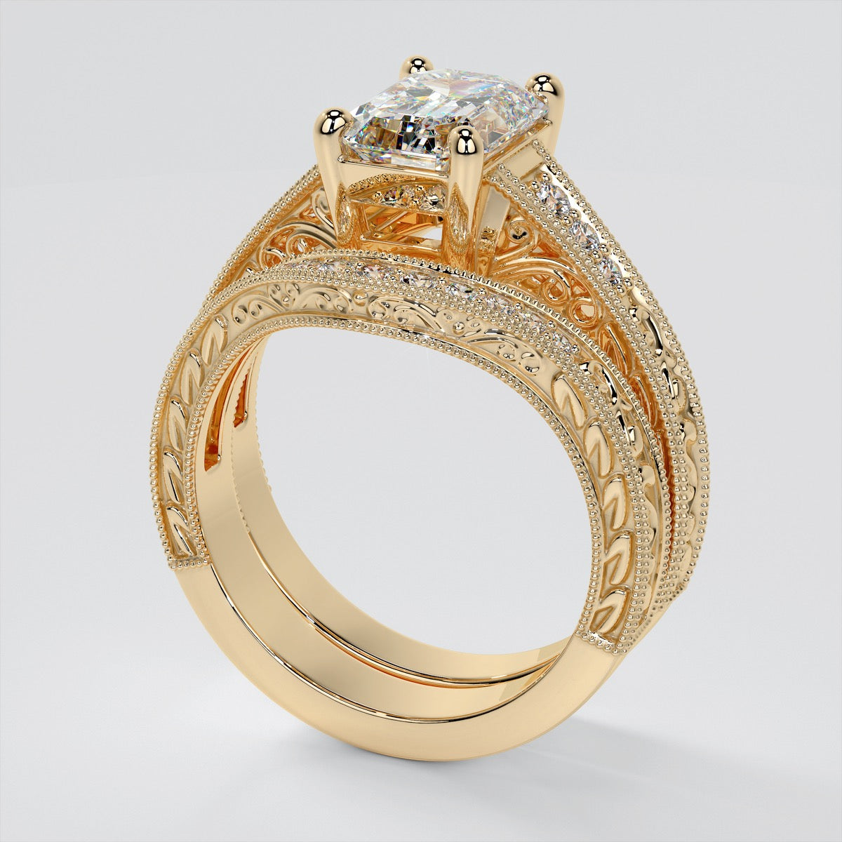 Vintage Emerald Cut Tapered Filigree Wedding Set