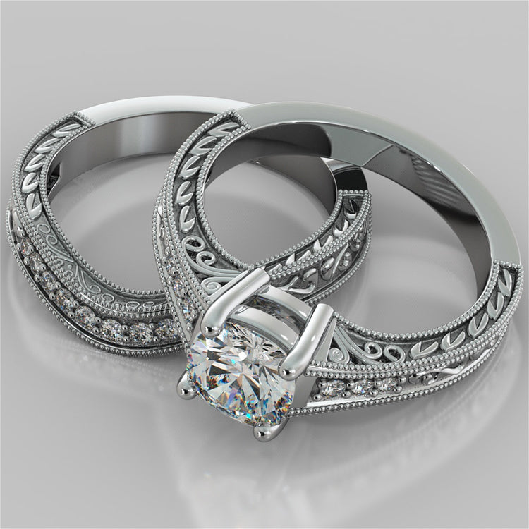 Filigree Cushion Cut Trio Wedding Set