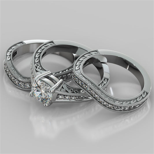 Filigree Cushion Cut Trio Wedding Set