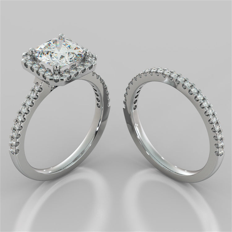 Cushion Cut Trio Wedding Set with Pavé-Style Halo